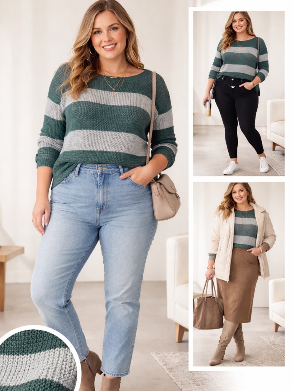 Market & Spruce Green Gray Striped Waffle Knit Sweater XL Cozy Oversized Casual